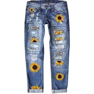 Blue Distressed Jeans with Sunflower and Leopard Print